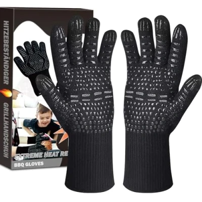 Afbeelding van Karrong Barbecuehandschoenen, hittebestendig tot 800 C, vuurvaste ovenhandschoenen, ovenwanten, zwart, L/XL