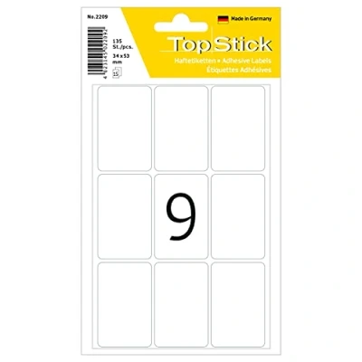 Afbeelding van TopStick 2209 huishoude etiketten (34 x 53 mm, 15 vellen, papier, mat) zelfklevend, permanente klevende multifunctionele voor handschrift, 135 etiketten, wit