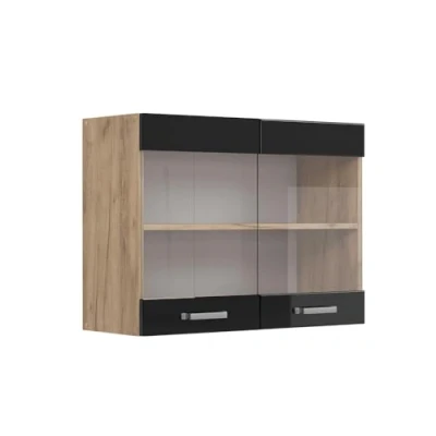 Afbeelding van Vicco Glazen keukenkast R Line, Zwart hoogglans/Krachtige eik goud, 80 cm