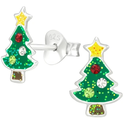 Afbeelding van JoyS Zilveren kerstboom oorbellen glittertjes kristal kinderoorbellen