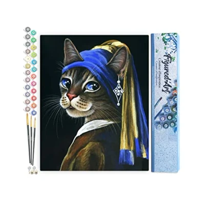 Afbeelding van Figured&#039;Art Schilderen op Nummer Volwassenen canvas Het jonge katje met de parel Handwerk acrylverf Kit DIY Compleet 40x50cm zonder frame