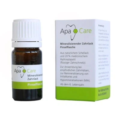 Afbeelding van ApaCare mineraliserende tandvernis met 20% medisch hydroxyapatiet (vloeibaar tandglazuur) schellakbasis zelfhardend borstelflacon 5 ml