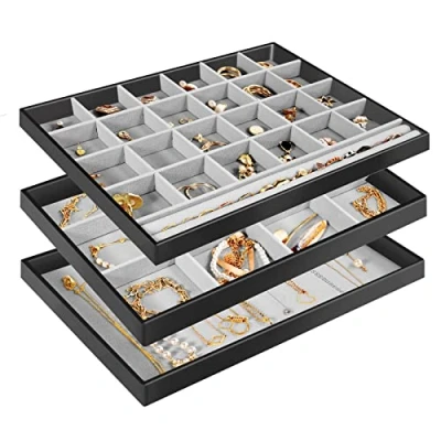 Afbeelding van ProCase Sieradendienblad, stapelbaar, fluwelen sieradenlade, organizer voor dressoir, garderobe, sieradenorganizer, opbergdoos oorbellen, armbanden, ringen, vrouwen, meisjes, set van 3, zwart