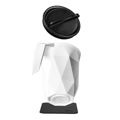 Afbeelding van Silwy Reusable Magnetische Koffiebeker Wit 350ml met Handvat + Deksel Zwart Pad