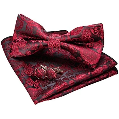 Afbeelding van JEMYGINS Paisley vlinderdas en pochet met manchetknopen sets voor heren, donkerrood 2, M