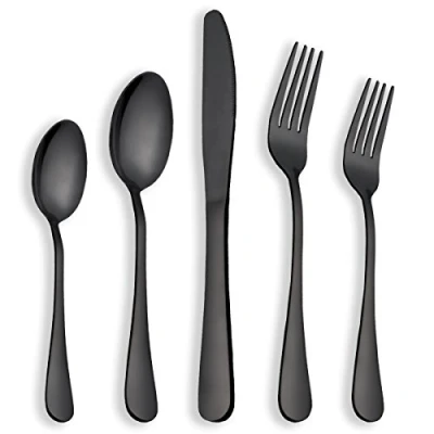Afbeelding van Berglander Bestek Zwarte Kleur, 30 Stuk Zwart Bestekset, Titanium Bestek, Vergulde Roestvrijstalen Besteksets Servies voor 6 (Zwart Glanzend)