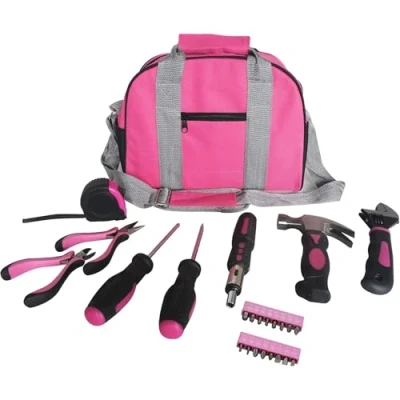 Afbeelding van roze gereedschapsset gereedschapstas DIY set bevat hamer, tangen, schroevendraaier in draagtas 25 stuks