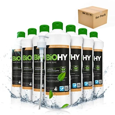 Afbeelding van BiOHY Crème zeep (9 x 1l Fles) Zachte, vette en reukloze handzeepvuller uit de groentesector PHOSPHATFREI Zonder parfum kleurstoffen (Creme Seife)