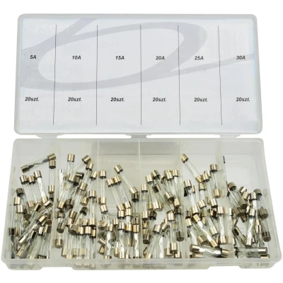 Afbeelding van Assortimentsdoos glaszekeringen 120 stuks 6 verschillende sterktes 5A 10A 15A 20A 25A 30A