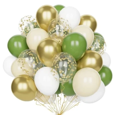 Afbeelding van Groene witte ballonnen, 60 stuks, salie, groen, zand, wit, metallic, goud, feestballonnen, set met gouden confetti, latex ballonnen voor verjaardag, bruiloft, babyshower, jubileum decoraties
