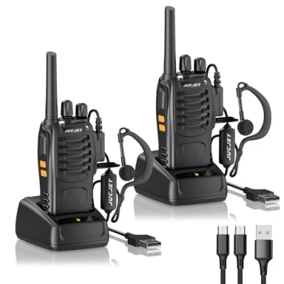 Afbeelding van JUCJET 88E Walkie Talkie, licentievrije PMR446 16 kanaals radio, handheld radio met ingebouwde LED zaklamp. 2 in 1 Type C oplaadkabel USB oplaadstation en headset (zwart, stuks)