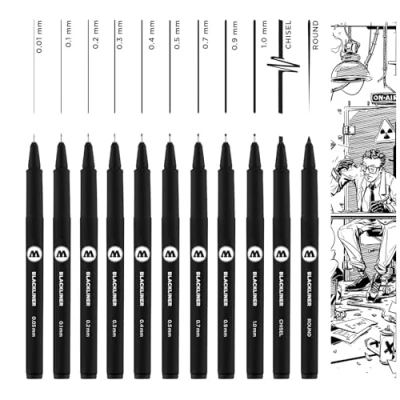 Afbeelding van Molotow Blackliner Complete 11 delige set (lijndikte 0,05 mm tot 1,0 mm, beitelpunt en ronde punt, fineliner met permanente, onuitwisbare inkt) stuks zwart