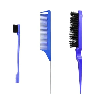 Afbeelding van 3 delige haarkam, dubbele randkam, rattenstaart kam, borstelharen, haarknip, kapperskam, haarborstel, voor kapper, thuis (blauw)