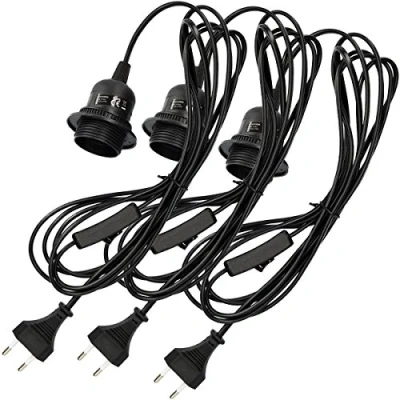Afbeelding van kwmobile E27 fitting met schakelaar 3x lampfitting snoer en stekker compleet 3,5 meter netsnoer Set van 3 Zwart