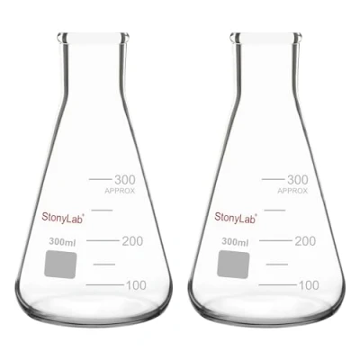Afbeelding van StonyLab 2 stuks conische flesjes glas, 300 ml Erlenmeyer flessen met smalle hals en krachtige rand