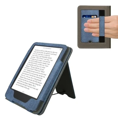 Afbeelding van kwmobile flip cover voor e reader geschikt Amazon Kindle (2022/2024) Van imitatieleer en suède In donkerblauw / donkergrijs