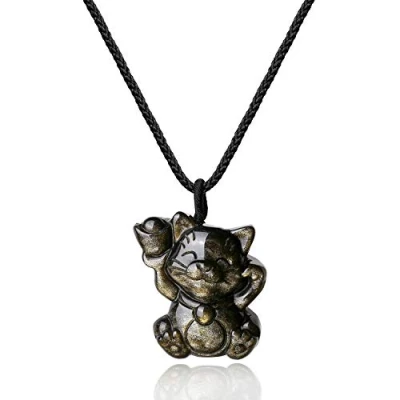 Afbeelding van COAI Lucky Cat gouden glans Obsidiaan steen hanger ketting, Steen,