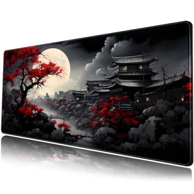 Afbeelding van Riverside Full Moon Desk Mat Japanse Pad Zwart Rood Grote Muismat Gaming Mousepad Extended XXL Toetsenbord 80 x 30 cm Laptop Computer Muis voor Kantoor Bureau Decor