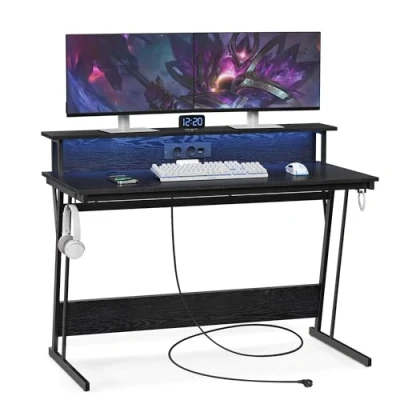 Afbeelding van VASAGLE LWD192B56 Gamingtafel met ledverlichting, bureau ingebouwde stekkerdoos, computertafel, monitorstandaard voor 2 monitoren, slaapkamer, 60 x 120 76 cm, klassiek zwart