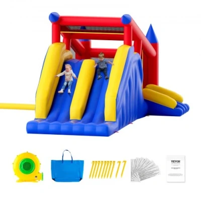 Afbeelding van VEVOR Opblaasbaar springkasteel, hoogwaardige buitenspeelhuis trampoline, springkasteel met ventilator, glijbaan en opbergtas, voor familietuin, 465 x 260 235 cm