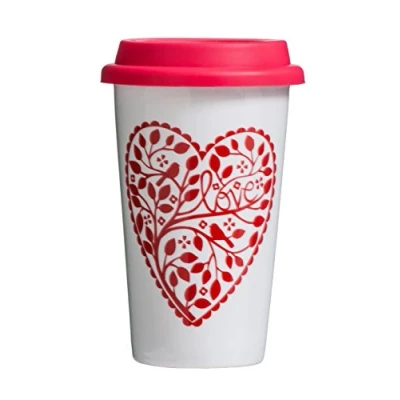 Afbeelding van Premier Chickadee thermobeker voor op reis, met deksel, porselein, silicone, rood, 330 ml