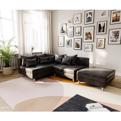 Afbeelding van Hoekbank Clovis Antraciet Antiek look met hocker Ottomaans links modulair