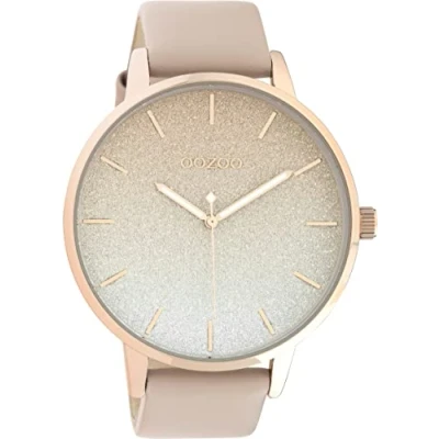 Afbeelding van Oozoo Groot dameshorloge met leren armband en 5 minuten streepjes op de wijzerplaat 48 mm diameter in verschillende variaties, roze, Riemen.