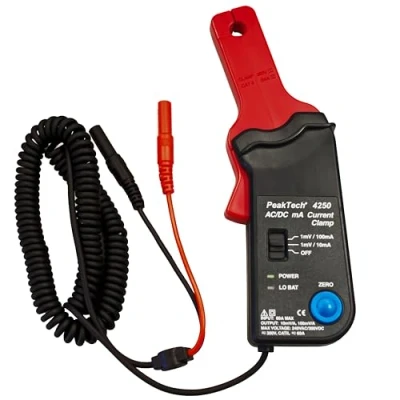 Afbeelding van PeakTech P 4250 stroomtangen adapter 60 a AC/DC voor multimeter, 4 mm aansluiting stekker, meettang, stroommeter, spanningsmeter, werkt op batterijen, gelijkstroom/wisselstroom CAT II 300 V