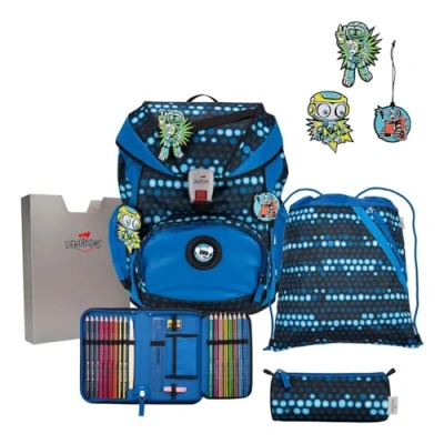 Afbeelding van DerDieDas Schooltas ErgoFlex Exklusiv Superflash Schulranzenset 5 delig Blue Robot Blauw