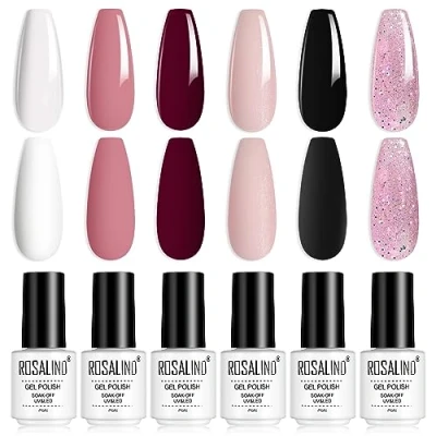 Afbeelding van ROSALIND Gel Nagellak Set Wit Zwart Roze Glitter Kleur, Soak Off UV LED Polish Kit 6PCS, Gelnagel Starterset Manicure Nail Art Professionele