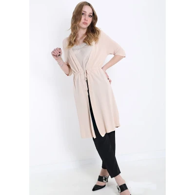 Afbeelding van Zomer zijde lange vest met talie bandje, korte mouwen BEIGE kleur maat S/M