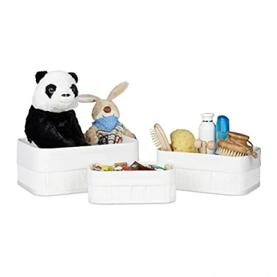 Afbeelding van Relaxdays opbergmand bamboe stof mandjes set van 3 manden badkamer wit
