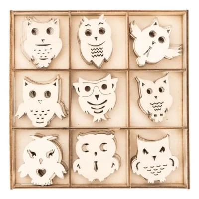 Afbeelding van Ideen mit Herz Strooidecoratie van hout, houten motieven, uilen, tafeldecoratie, inclusief box, 63 delig, 9 verschillende designs, elk 7 stuks