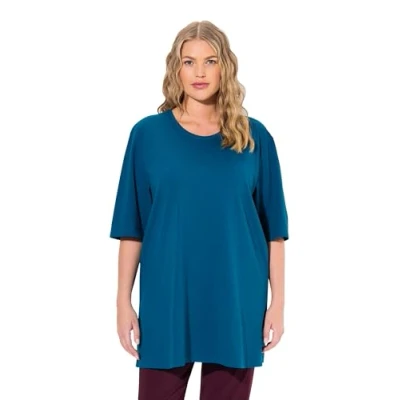 Afbeelding van Ulla Popken Dames grote maten plus size T shirt, ronde hals, relaxed, halve mouwen, blauwgroen, 58 60