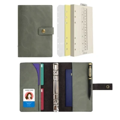 Afbeelding van WONDERPOOL Lederen dagboek, navulbaar notitieboek, ringband, map, portfolio, papier met stippellijnen en binnenvakken voor reis, werk persoonlijke agenda, groen, A6