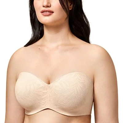 Afbeelding van AISILIN Damesbeha Strapless Beugel Grote Maten met Kant Zonder Pads Multiway Beige 85D