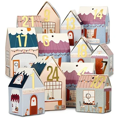 Afbeelding van Papierdrachen DIY adventskalender om te knutselen en vullen huisjes set kerstdorp kleurrijk 24 kleurrijke vouwdozen op zetten versieren herbruikbaar