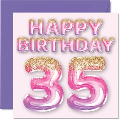 Afbeelding van 35e verjaardagskaart voor vrouwen roze en paarse glitterballonnen gelukkige verjaardagskaarten 35 jarige vrouw vriend zus moeder tante, 145 mm x vijfendertig