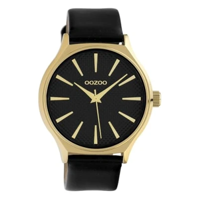 Afbeelding van OOZOO Timepieces Goudkleurige horloge met zwarte leren band C10109