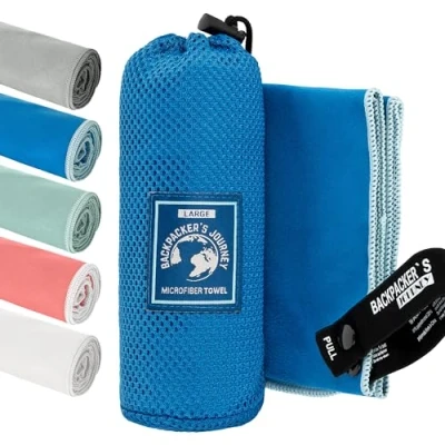 Afbeelding van Backpacker&#039;s Journey microvezel handdoeken in S M L XL. Reishanddoek stelt licht, sneldrogend, absorberend en antibacterieel (blauwe S)