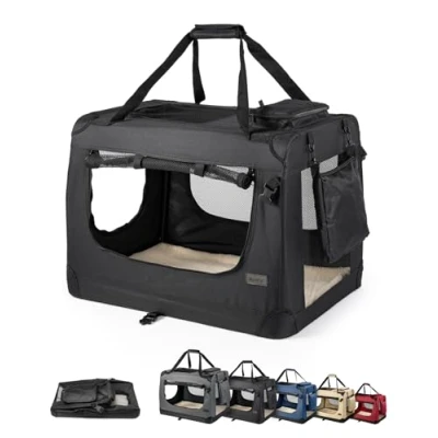 Afbeelding van lionto Opvouwbare Hondentransportbox voor Reizen &amp; Auto, 90x61x65 cm, Stevige Draagbox met Handvaten Deken, tot 22 kg, Duurzame Stoffen Hondenbox, Klein Groot, Zwart