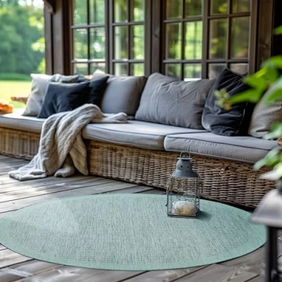 Afbeelding van Ronde Buitentapijt voor Terras, Balkon en Tuin, Keukentapijt in Effen Design, Weerbestendig Platgeweven met Sisal Look, Wasbaar Tapijt 120 cm Rotondo, Blauw