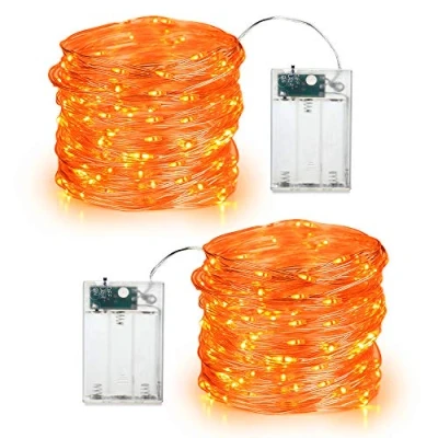 Afbeelding van Oranje herfstverlichting, BrizLabs 2 stuks 19,68 ft 60 LED Thanksgiving decoratielichten micro zilveren draad vuurvliegjes op batterijen voor binnen herfst Halloween kerstfeest.