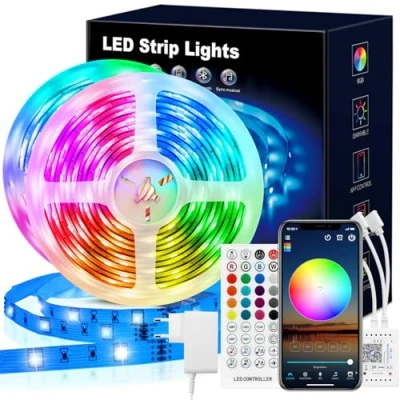 Afbeelding van VKH ledstrip, 20 m, Bluetooth RGB zelfklevend, met afstandsbediening en app, led lichtketting voor kamer, gaming, feest (2 x 10 m)