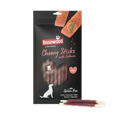 Afbeelding van Rosewood Chewy Sticks Zalm Small Kauwsticks voor Honden met Zalm, Runderhuid Snack, Ondersteunt Gebitsverzorging, Zonder Granen en Gluten, Kunstmatige Toevoegingen, 72 g