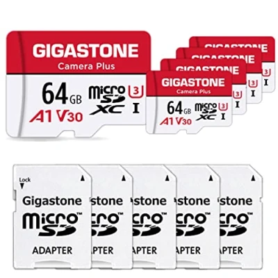 Afbeelding van Gigastone Geheugenkaart 64 GB 5 kaarten, camera Plus serie, snelheid tot 95 MB/s. Ideaal voor Full HD Video Gopro Drone Camera, U1 C10 Micro SDXC kaart met mini hoes en SD adapter.