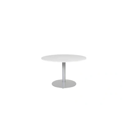 Afbeelding van Linesto 120cm ronde vergadertafel op vaste hoogte (74cm) met licht grijs 25mm blad en aluminium (RAL9006) trompetvoet