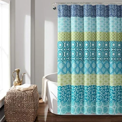 Afbeelding van Lush Decor Boheems gestreept douchegordijn, 182,9 cm B x L, blauw en groen Boho douchegordijn kleurrijk badkamergordijn Maximalistische &amp; badkamerdecoratie