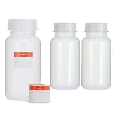 Afbeelding van Octopus 3 x 1000 ml flessen van LDPE met brede hals schroefdop, lege chemiefles, laboratoriumflessen deksel als opbergvak voor laboratorium, keuken of hobby