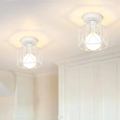 Afbeelding van iDEGU Industriële plafondlamp van metaal, kooivorm, vierkant, 15 cm, kroonluchter, lampenkap, staal, lampje E27, 40 W, plafondlamp, wit, voor woonkamer, slaapkamer, bar (zeskantig), 2 stuks